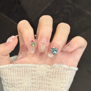 เล็บ<span class=keywords><strong>ปลอม</strong></span>แบบกดติด ทำมือ ลายตาแมว<span class=keywords><strong>ส</strong></span>ีนู้ดอ่อน  แบบสั้น เงางาม <span class=keywords><strong>ส</strong></span>ีชมพูนม ประดับหัวใจสีเขียว ดาวสีน้ำเงิน และอัญมณีสีแดงเม็ดเล็ก - Product Image 1