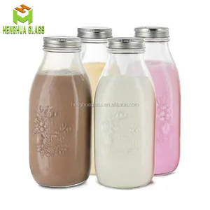 Bouteille à lait en verre carrée 1000ml, 32oz 1l, pour jus de lait, de boisson, conteneur de liquide, avec bouchon métallique, vente en gros, 1 pièce