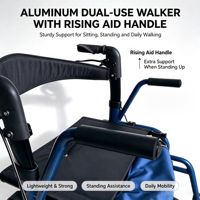 Déambulateur pliant en aluminium avec siège, hauteur réglable, poignée, repose-pieds et sac de transport pour personnes âgées, intérieur/extérieur