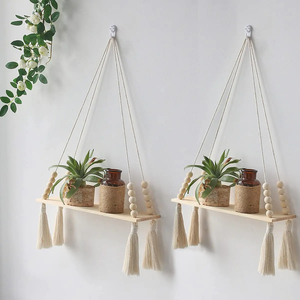 Étagère <span class=keywords><strong>murale</strong></span> <span class=keywords><strong>bohème</strong></span> en macramé avec pompon, décoration en bois, étagères flottantes faites à la main, décoration de la maison, cuisine, chambre à coucher, <span class=keywords><strong>salon</strong></span> - Product Image 1