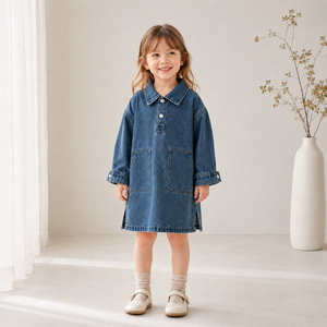 Abito in denim da <span class=keywords><strong>bambina</strong></span> 2026 a maniche lunghe con colletto polo, vestibilità ampia, bottoni frontali, tasche, in denim lavato, casual autunnale per bambini - Product Image 1