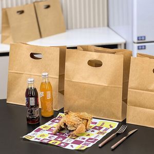 Custom Logo Printing Brown Kraft Eco-Friendly Biodegradable Restaurant Food Supermarket <b>Bags</b> with Die-Cut Handles - Product Image 4