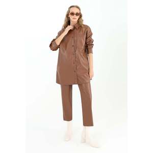 Puane Women's Stylish Brown Faux Leather Pocketed Shirt, Modern Cut, Soft Fabric, Ideal for Everyday and Special Occasions - Product Image 3