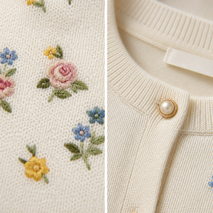 <span class=keywords><strong>Cardigan</strong></span> en tricot à manches courtes pour femme, broderie florale dispersée, col rond, couleur crème, OEM ODM, vente en gros, marque privée, faible MOQ, commande en gros - Product Image 3