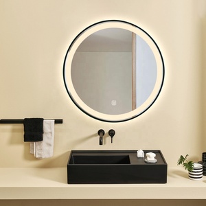 Espejo LED Redondo con Marco Negro/Dorado, Interruptor Táctil, Logotipo Personalizable, Regulable, Antivaho, con Pantalla de Hora/Temperatura, Espejo de Baño - Product Image 1