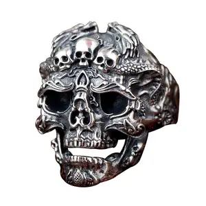 Anello Regolabile Hip Hop Economico da Uomo, Anello Teschio Maschile in Lega di Zinco Nero Argento Anticato, <span class=keywords><strong>Punk</strong></span> <span class=keywords><strong>Rock</strong></span>, 3 Pezzi, Micro Inserti <span class=keywords><strong>Punk</strong></span> - Product Image 1