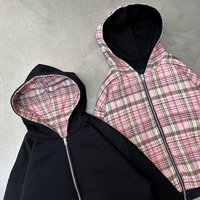 Hoodie Custom Logo Reversible Zip Up Berlapis Plaid, 100% Katun, Dapat Dipakai Dua Sisi, Model Crop Streetwear Oversized untuk Pria