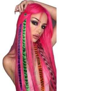 Extensions de cheveux colorées Sw307, 45 cm, lisses, résistantes à la chaleur, teintes rose, noir, imprimé léopard, sans couture - Product Image 2