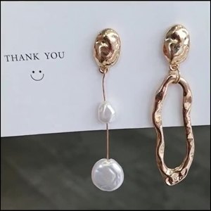 Boucles d'oreilles asymétriques en argent S925, style baroque géométrique, perles, personnalité, irrégulières, tendance - Product Image 1