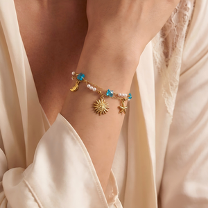 Bracelet en acier inoxydable plaqué or 18 carats avec étoile de mer, <span class=keywords><strong>soleil</strong></span>, <span class=keywords><strong>lune</strong></span>, papillon bleu, cristal <span class=keywords><strong>et</strong></span> perle, double couche, anti-ternissement, bijoux bohèmes - Product Image 1