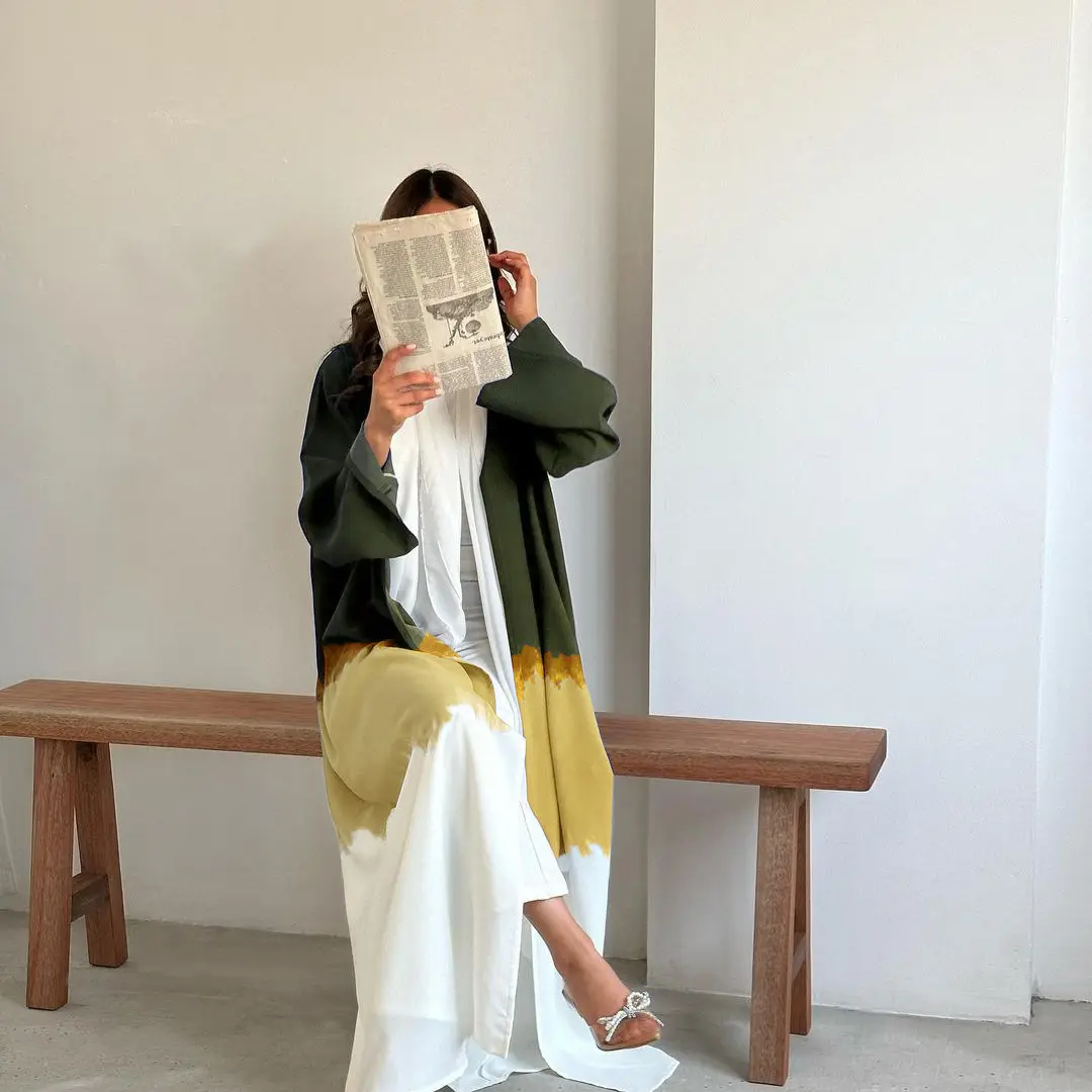 Abaya Set Islamitische Kleding 2 Delige Tie-Dye Jurken Kimono Kaftan Lange Maxi Open Gradiënt Kleur Moslim Vrouwen Abaya Met Innerlijke
