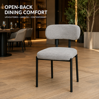 Chaise de salle à manger en lin avec dossier ouvert, coussin rembourré, tissu gris clair, pieds en métal noir