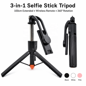 Trépied perche à <span class=keywords><strong>selfie</strong></span> portable extensible <span class=keywords><strong>100</strong></span> <span class=keywords><strong>cm</strong></span> avec télécommande sans fil et support de téléphone rotatif à 360° pour les voyages et le streaming en direct - Product Image 1