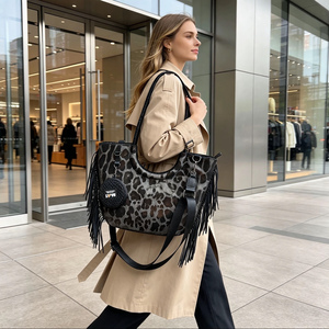 Women Leopard Print PU <b>Tote</b> <b>Bag</b> <b>with</b> Tassel Decoration <b>Large</b> Capacity Shoulder <b>Bag</b> Bohemian Style Retro and Spicy Girl Handbag - Product Image 1