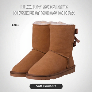 Botas de Invierno para Mujer, Diseño de Lujo, Midi, con Lazo, Parte Superior de Cuero Dividido, Suela de PVC, Plantilla de PU, Acolchado Térmico de Algodón - Product Image 2