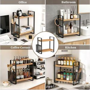 Étagère de rangement de cuisine en bois à double couche avec structure en fer pour condiments et bouteilles, organisateur de comptoir - Product Image 3