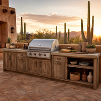 Meubles de cuisine extérieurs sur mesure en bois avec station barbecue, évier en acier inoxydable, glacière et rangement pour villa, jardin, complexe hôtelier