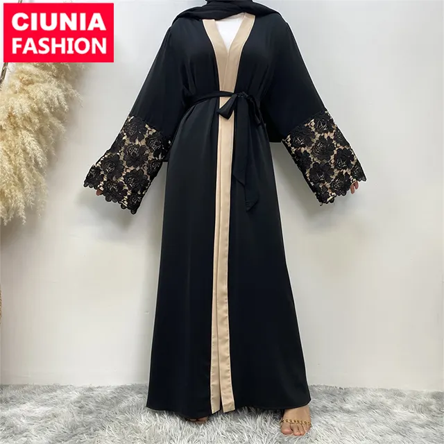 1502 # Hot Sale Eid Design Nida Material Schwarz Splice Beige Border Applique Ärmel Frauen Open Abaya Ramadan Fashion Cardigan