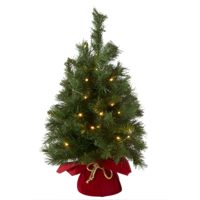 Sapin de Noël miniature Majestic Fir pré-éclairé de haute qualité, 24 pouces |   35 lumières LED blanc chaud, fonctionnant sur piles, base en tissu rouge avec minuterie