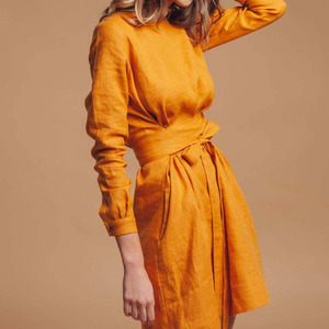 Four Seasons <span class=keywords><strong>carrera</strong></span> más tamaño Casual elegante mujer cuello redondo Lino Mini falda vestidos formales con cinturón - Product Image 1