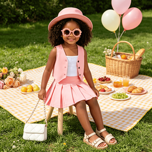 Completo Estivo Casual Preppy per Ragazze: <span class=keywords><strong>Blazer</strong></span> Senza Maniche con Scollo a V, Canotta Bianca e Gonna Plissettata a Vita Alta Elasticizzata - Product Image 4