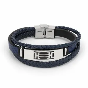 Simple Styles Handmade New design blue and black Leather Bracelet Wrist Braid Rope Leather Bangle