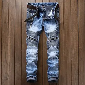Jeans skinny bleus déchirés empilés en denim de haute qualité pantalons pour hommes pour hommes