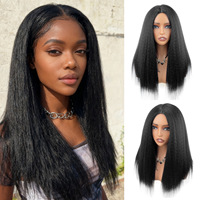 Perruque Yaki naturelle à l'aspect naturel, noire, mi-longue, cheveux raides, fibre haute température, densité 180%, bonnet en filet rose