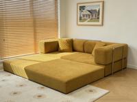 Sofá Modular de Felpa Amarillo Mostaza, Estructura Metálica Plateada, Moderno, para Villa, Escuela, Oficina, Espacio Pequeño
