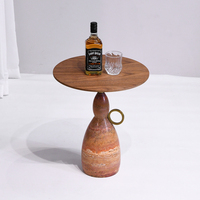 Table d'appoint ronde en bois avec plateau en travertin, petite table basse, table d'appoint pour salon, décoration pour bureau ou salon