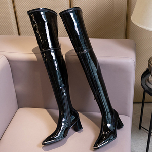 Women Over the Knee High Patent <b>Boots</b> Chunky Heels Lady Metal Square Toe Shoes Side Zipper Skintight Long Booties - Product Image 4
