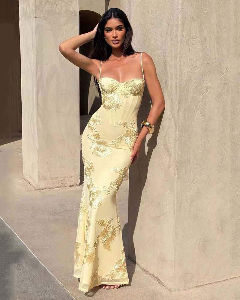 chinese dress ladies Dream Ode Lily Pad Style Pleats and Ruffles Halter Gown Maxi Dress – roschic main image 0