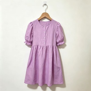 Abito per Bambine in Cotone e Lino Tinta Unita con Maniche Corte e Polsini Arricciati - Product Image 1