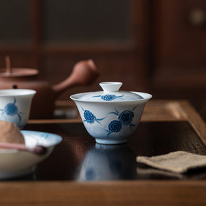 Guanlan Hand Painted Gaiwan Ceramic <b>Tea</b> Bowl Blue Floral Pattern White Porcelain Heat Resisting <b>Tea</b> <b>Set</b> For Women - Product Image 4