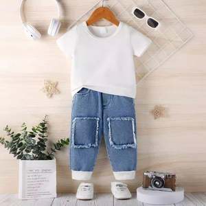 Fabricante de ropa Ropa para recién nacidos Verano Niños Camiseta blanca Chaqueta de mezclilla Pantalones Conjuntos de ropa de 3 piezas - Product Image 3