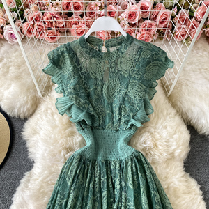 Vintage violet/vert/rouge dentelle Robe mi-longue femmes doux col rond à volants Vestidos femme taille haute mince Robe printemps automne nouveau - Product Image 5