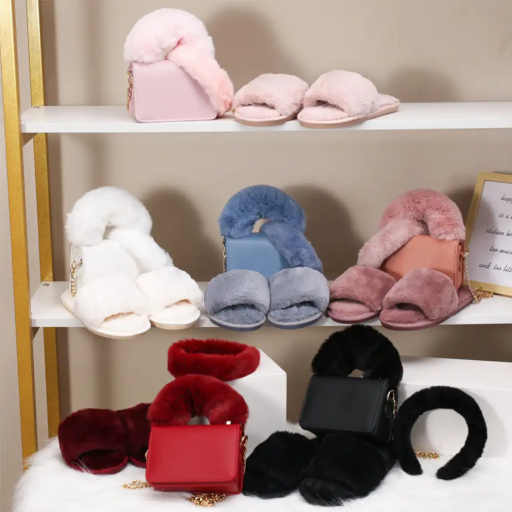 Wholesale Luxury Mini Bling Purse and Fur Slippers Women Hand Bags Ladies Handbag Set Bags for Women