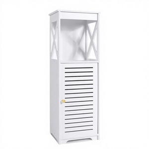 <b>White</b> Wooden Bathroom <b>Storage</b> Living Room <b>Cabinet</b> Tall Narrow Freestanding Linen Tower with Louvered Door - Product Image 2