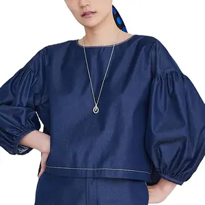 Женская однотонная блузка с бантом на спине, с круглым вырезом и рукавами-фонариками