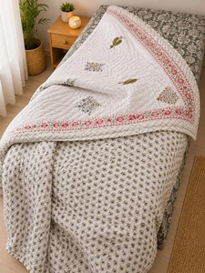Solid Hand Block Printed Cotton <b>Quilt</b> Reversible Floral Razai Lightweight Indian Kantha Style <b>Bedding</b> Blanket - Product Image 6