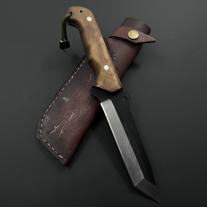 Cuchillo de caza de acero 1095 personalizado hecho a mano, punta recta de espiga completa, hoja de cuero personalizable de acero al carbono, mango de madera de rosa OEM - Product Image 1