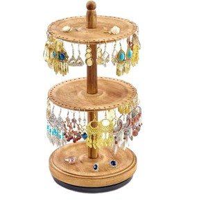 Wooden Rotating Jewelry Display Rack 2 Tier <b>Desktop</b> Storage For Earrings And Drop Jewelry Organizers - Product Image 3