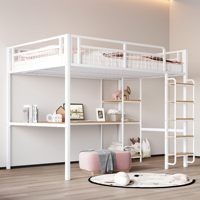 Modernes Metall-Hochbett 90x200cm Multifunktional mit Schreibtisch und Regalen Weiß (ohne Matratze) für Schlafzimmer & Schulgebrauch