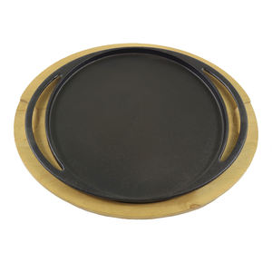 Durable Pre-seasoned Cast Iron Round <strong>Pan</strong> with Pine Tray Ideal for <strong>Grilling</strong> Serving Baking <strong>Pan</strong> - Product Image 1