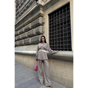 Conjunto Casual de Dos Piezas para Mujer, Diseño a Rayas en la Espalda, Top y Pantalones Holgados, Color Gris, para Otoño, para Oficina - Product Image 2