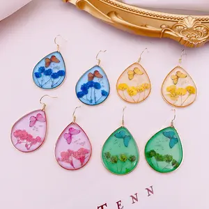 hot sales natural dried flower Butterfly earrings Beautiful Real Flower resin Eternal Flower earrings