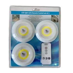 Drop Shipping 3 pcs Round Shape Remote Control Cabinet Closet Sticky LED COB Wall Lamps