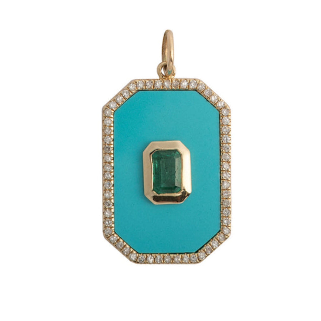 Pendentif octogonal diamant émeraude turquoise