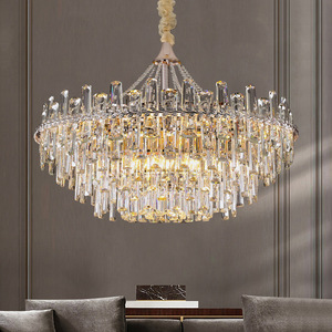 Lustre en acier inoxydable cristal couleur or, suspension LED E26 3500K blanc chaud, hauteur réglable, télécommande pour salon - Product Image 6