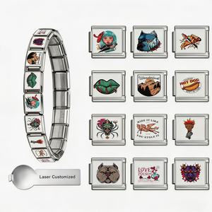 Pulsera de Eslabones Modulares de Plata con Dijes Gráficos Audaces Estilo <span class=keywords><strong>Tatuaje</strong></span> Retro Italiano para Joyería Urbana Atrevida - Product Image 1